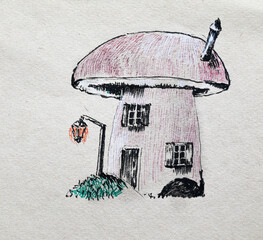 A fabulous mushroom house with a chimney and a lantern. Children's drawing of a magical house.