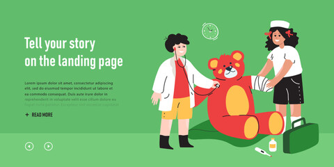 Cute children dressed as doctors examining big toy bear. Kids playing fun game together flat vector illustration. Childhood, medicine, health concept for banner, website design or landing web page