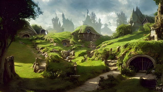 the shire / hobbiton - green hills with trees and hobbit house - inspiration painting of lord of the rings - rings of power - hobbit hole - digital drawing - illustration - fantasy - medieval