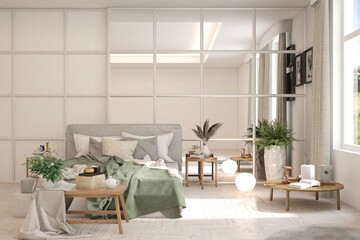 White bedroom interior. Scandinavian design. 3D illustration