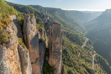 Landscape of a wild and preserved valley, canyon in the Cevennes national park. Gorges de la Jonte.