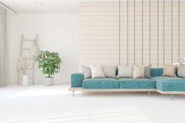 White living room with blue sofa. Scandinavian interior design. 3D illustration