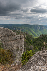 The city of stones, within Grands Causses Regional Natural Park, listed natural site with Dourbie Gorges at bottom.