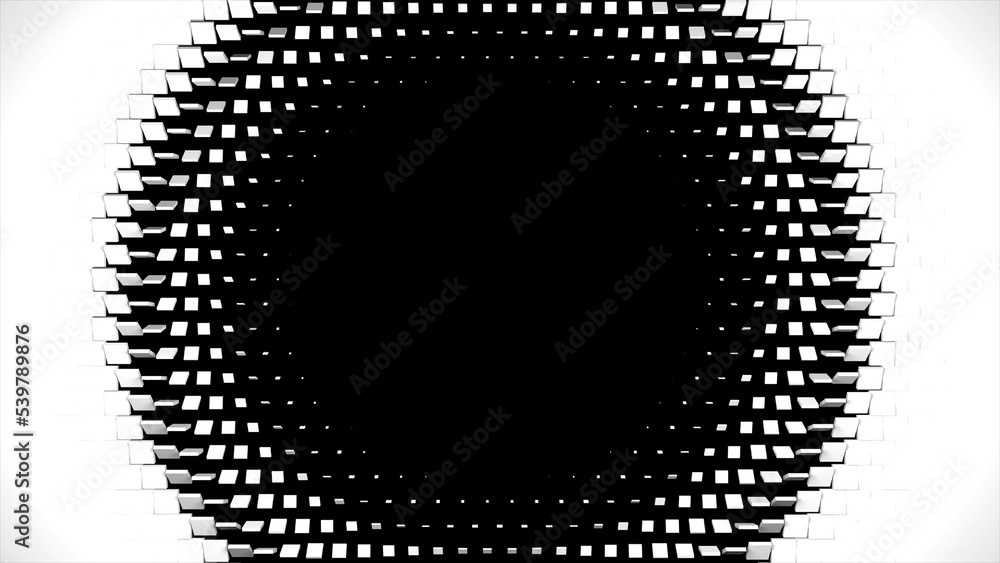 Poster Geometric pattern of 3D rendering swiping white cubes isolated on black background. Black round frame place. Computer graphics of flying blocks with round black frame place in middle. High tech