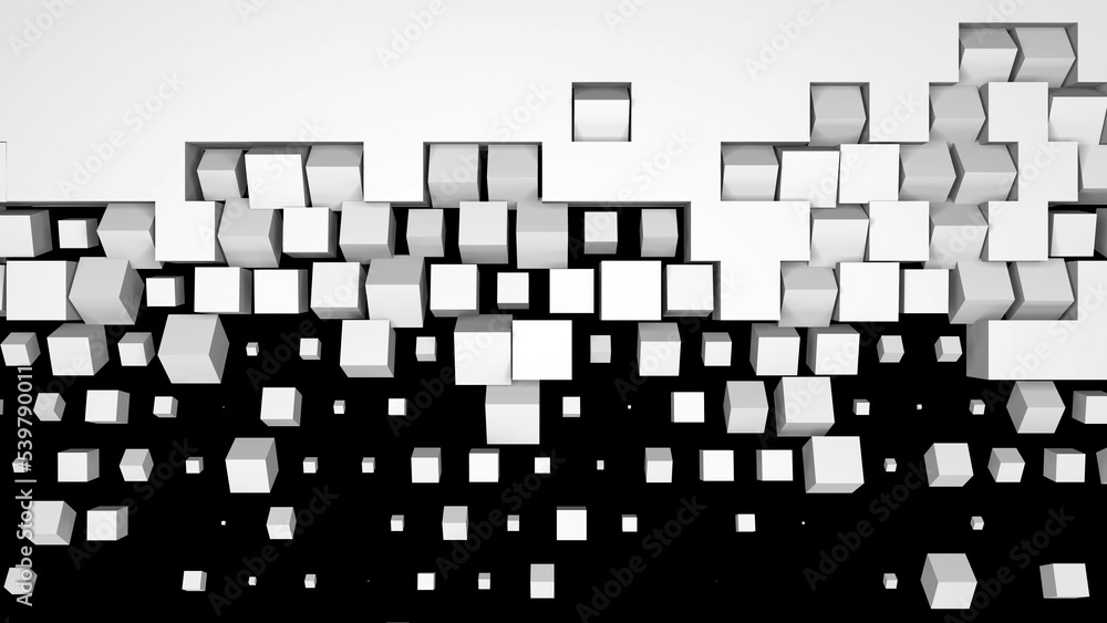 Poster 3D rendering of a white wall fragmentation into cubes isolated on a black background. Geometric pattern of crushing and screen swiping blocks. High tech transition screensaver for presentation.