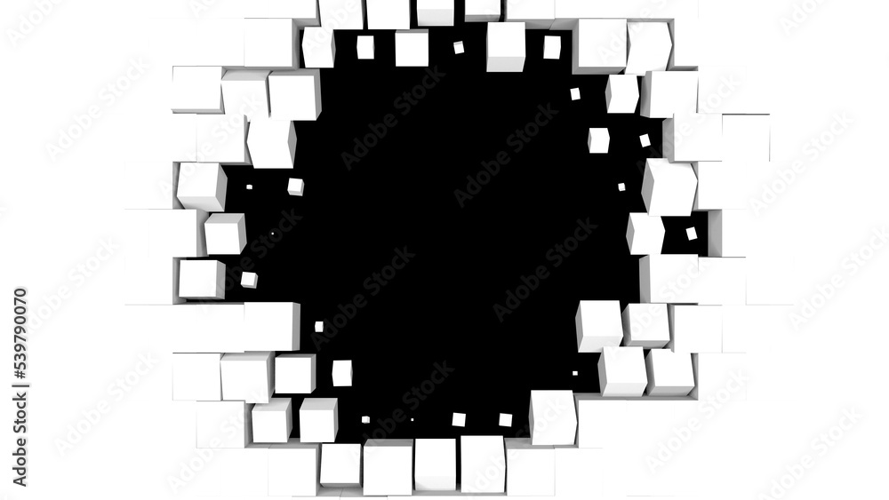 Poster Geometric pattern of 3D rendering swiping white cubes isolated on black background. Black round frame place. Computer graphics of flying blocks with round black frame place in middle. High tech