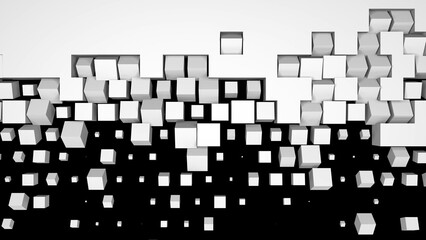 3D rendering of a white wall fragmentation into cubes isolated on a black background. Geometric pattern of crushing and screen swiping blocks. High tech transition screensaver for presentation.