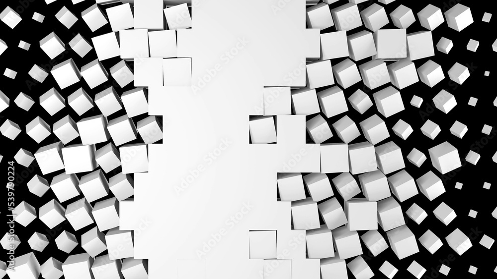 Poster 3D rendering of a white wall fragmentation into cubes isolated on a black background. Geometric pattern of crushing and screen swiping blocks. High tech transition screensaver for presentation.