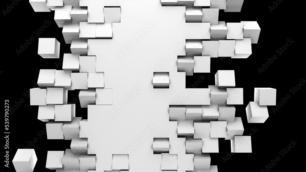 Aufkleber 3d rendering of a white wall fragmentation into cubes isolated on a black background. geometric patt