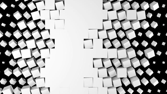 3D rendering of a white wall fragmentation into cubes isolated on a black background. Geometric pattern of crushing and screen swiping blocks. High tech transition screensaver for presentation.
