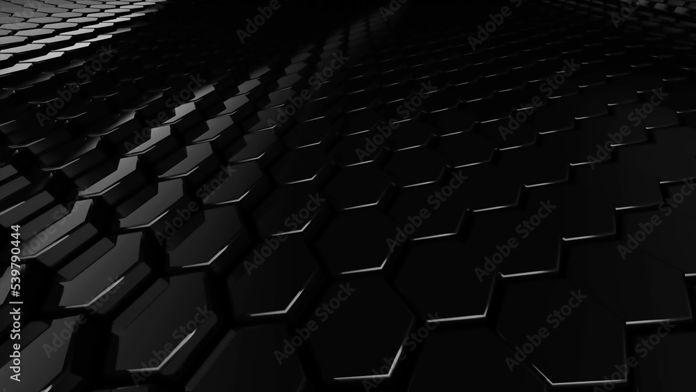 Poster Black geometric surface of glossy shiny honeycombs. 3D rendering of reflective hexagons connected together in graphic pattern. Computer geometric background for screensaver, presentation or wallpaper.