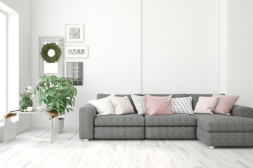 Stylish room in white color with sofa. Scandinavian interior design. 3D illustration