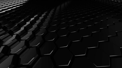 Obraz premium Black geometric surface of glossy shiny honeycombs. 3D rendering of reflective hexagons connected together in graphic pattern. Computer geometric background for screensaver, presentation or wallpaper.