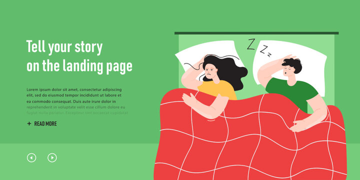 Sad wife with insomnia lying in bed next to snoring husband. Cartoon married couple, person with sleep apnea making noise, sleeping problem flat vector illustration. Sleep disorder, bedtime concept