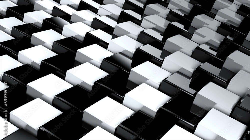 Poster Black and white geometric surface of glossy shiny cubes. 3D rendering of reflective squares connected together in graphic pattern. Computer geometric background for screensaver, presentation.