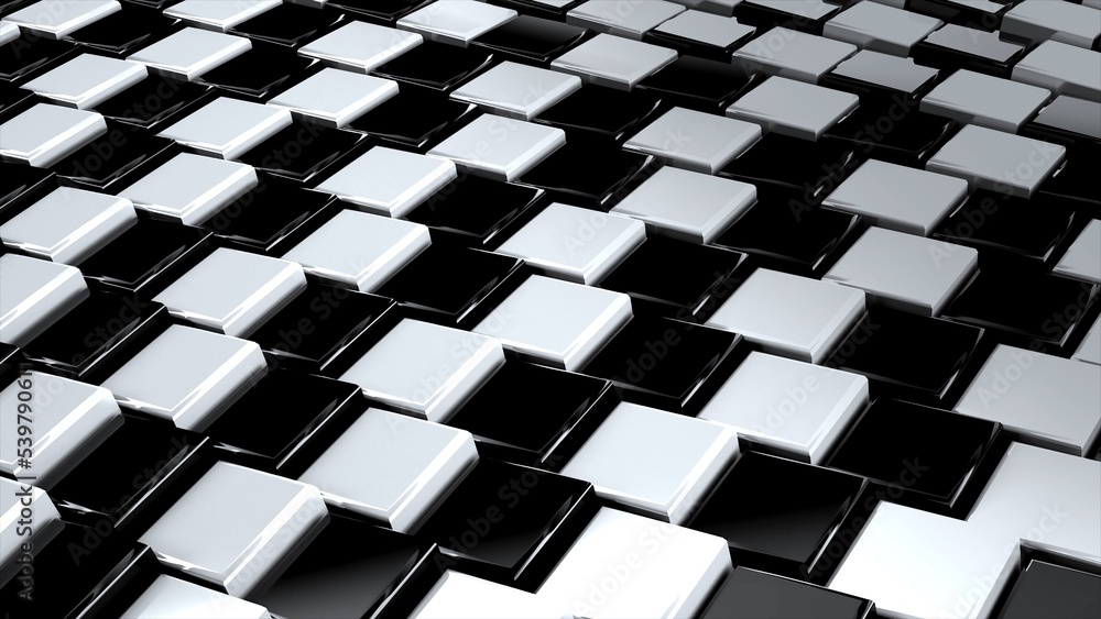 Poster Black and white geometric surface of glossy shiny cubes. 3D rendering of reflective squares connected together in graphic pattern. Computer geometric background for screensaver, presentation.