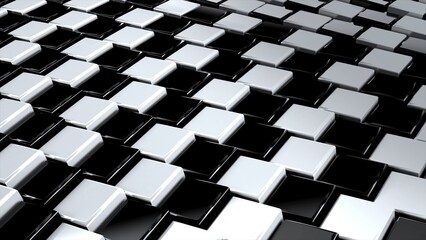 Black and white geometric surface of glossy shiny cubes. 3D rendering of reflective squares connected together in graphic pattern. Computer geometric background for screensaver, presentation.