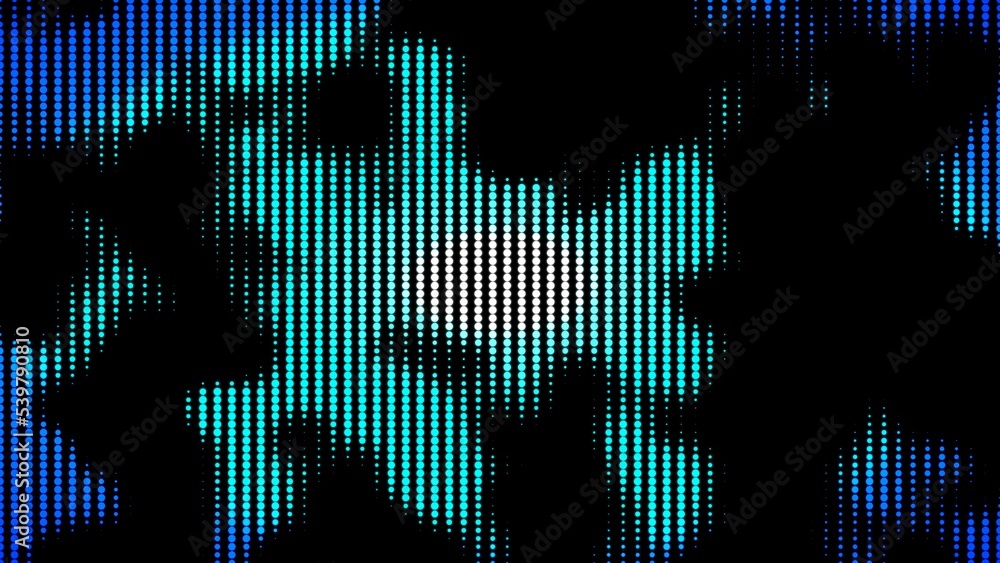 Poster Colored 3D rendering background of blue, turquoise, white dots on black background. Color geometric computer graphic background with abstract spots of pixel. Digital mosaic pattern with points.