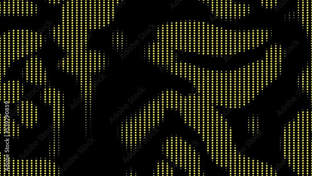 Poster Colored 3D rendering background of yellow dots of different sizes on black background. Color geometric computer graphic background with abstract spots of pixel. Digital mosaic pattern with points.