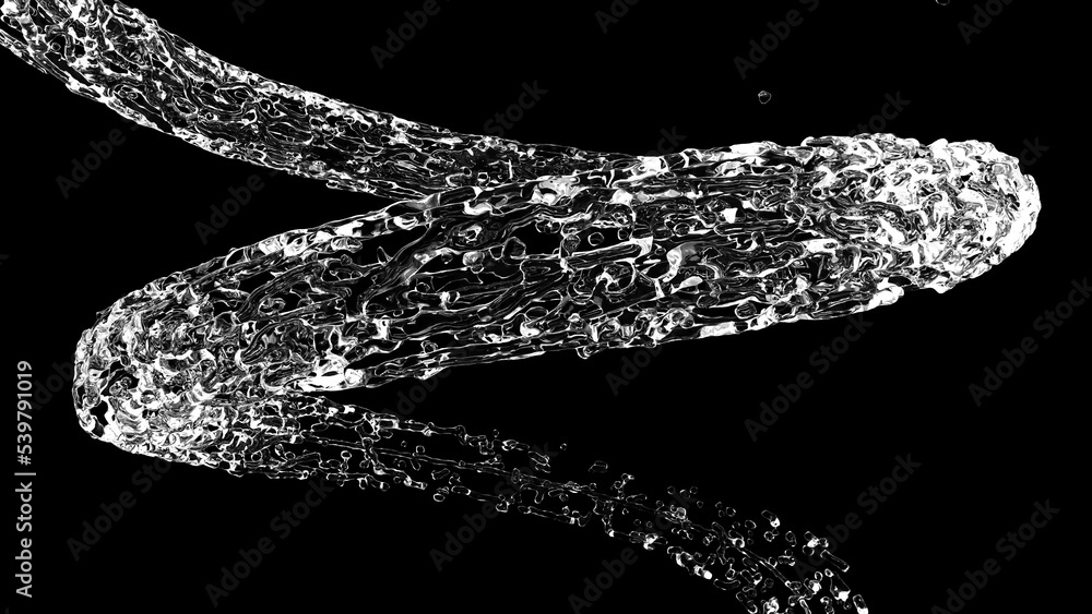 Poster 3D rendering simulation of water flow in circle shape on black background with alpha matte. Computer graphics of real vortex flow of liquid swirling into a spiral. Circular swirl of transparent water.