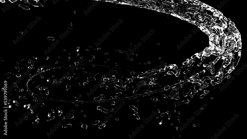 Poster 3D rendering simulation of water flow with drops and splashes on black background. Computer graphics of a real vortex flow of liquid swirling into a spiral. Circular swirl of transparent shiny water.