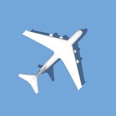 White 3d plane render with a shadow on a blue background. Airplane travel background illustration. 3D Rendering. Heading northeast.