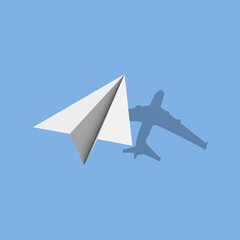 Paper plane casting shadow of jet airliner. Origami folded toy plane 3d render. Vision and aspiration dream concept, airlines, air travel, business vision idea, travel by air.