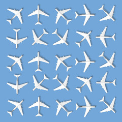Pattern of many white planes 3d render on blue background. Airplane travel background illustration. 3D Rendering.