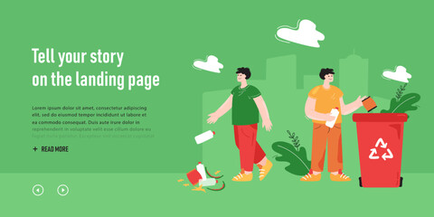 Two cartoon men throwing trash on ground or in recycle can. Person recycling plastic, male littering in street or park, urban background flat vector illustration. Ecology, environment concept