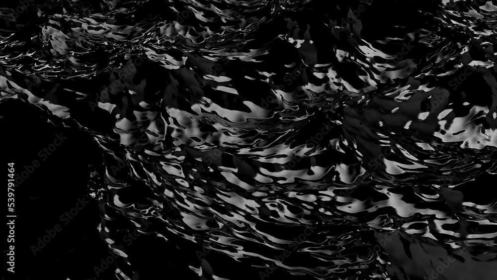 Poster 3D rendering of black water wave surface. Geometric computer graphic background of glossy reflective sea or ocean surface texture with ripples. Oil or petroleum spill. Bumpy form of liquid.