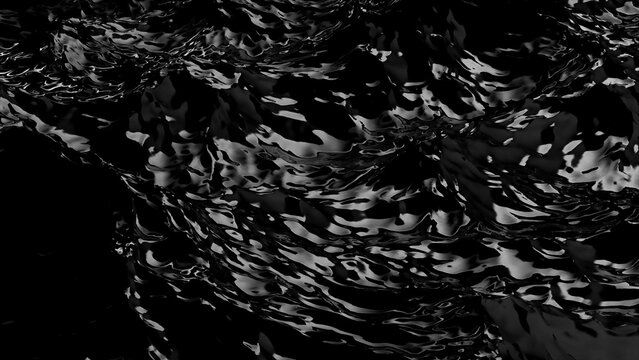 3D rendering of black water wave surface. Geometric computer graphic background of glossy reflective sea or ocean surface texture with ripples. Oil or petroleum spill. Bumpy form of liquid.