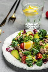 Salad with tuna, lettuce, cherry tomatoes, avocado and red onions. superfood concept. Healthy, clean eating concept. Vegan or gluten free diet. Top view