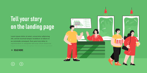 Cartoon cashier behind counter selling tickets at movie theater. Female ticket seller advertising films at box office flat vector illustration. Cinema, entertainment concept for banner, website design