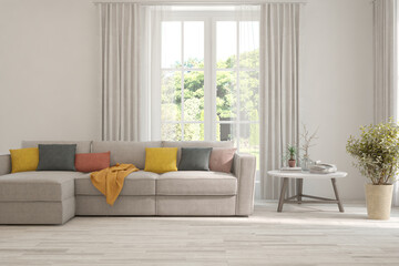 White living room with sofa and summer landscape in window. Scandinavian interior design. 3D illustration