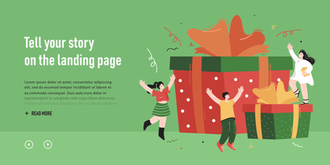 Tiny people jumping for joy near giant gift boxes. Flat vector illustration. Happy employees getting bonus, present or reward for good job. Winner, loyalty, birthday concept for banner design