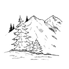 vector illustration linear landscape on white background. landscape in minimalist sketch style. The figure shows forest trees and mountains