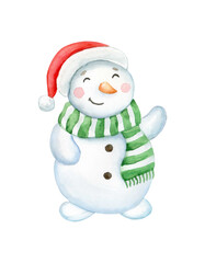 Snowman in red hat and scarf isolated on white background. Watercolor illustration of a snowman. Christmas New Year card