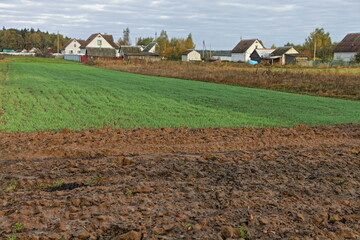 Obraz premium Semi plowed brown green field with village houses on horizon at autumn . Beautiful Russian countryside landscape