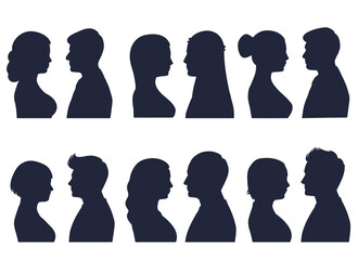 Heads in profile. Different human heads, male and female with various hairstyles Simple Silhouette People Portraits