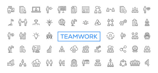 Fototapeta na wymiar Teamwork line icons set. Businessman outline icons collection. Work group and human resources. Business teamwork, human resources, meeting, partnership, meeting, work group, success