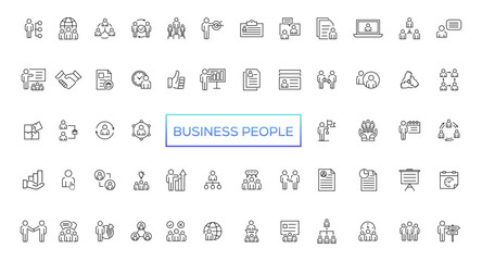 Business people line icons set. Businessman outline icons collection. Teamwork, human resources, meeting, partnership, meeting, work group, success, resume