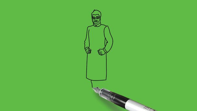 Draw beard young standing boy with spectacles fold his hands from elbow wearing black and blue long kurta, achkan, lower and footwear with black outline on abstract green screen background
