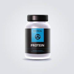 Mockup Banks white Protein sports 3d container. Amino acids Round pack for muscle training. Realistic cylindrical jar with vitamins.