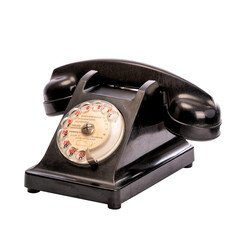 Ancien téléphone à cadran noir sur fond blanc packshot