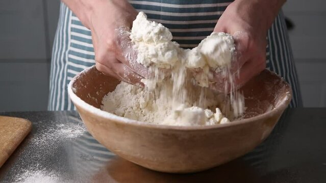 Hands Making Dough In Bowl Homemade Bread 