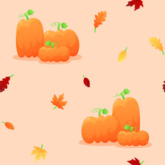 Seamless Autumn pattern with red, yellow, ginger oak, maple leaves, group of orange pumpkins on pink background. Vector illustration, print for packaging, fabrics, wallpapers, textiles.