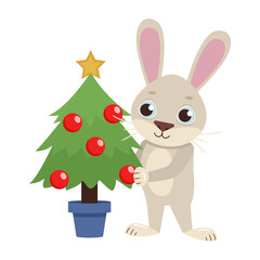 Cute character hare decorates the Christmas tree with balls. Vector graphic.