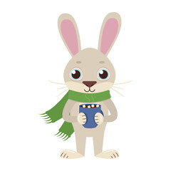Cute character hare in a warm scarf with a mug of delicious hot drink. Vector graphic.	