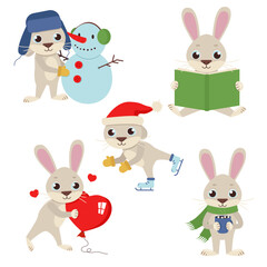 Bunny making a snowman, reading a book, skating, holding a heart-shaped balloon, drinking a delicious hot drink. Vector graphic.	