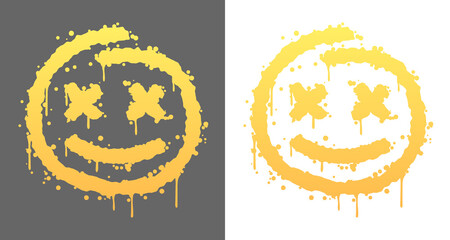 Yellow smile with crosses in their eyes, graffiti with splashes, paint streaks. Isolated on white, grey background. Vector illustration for party, postcard, banner, cards, web, design, advertising.